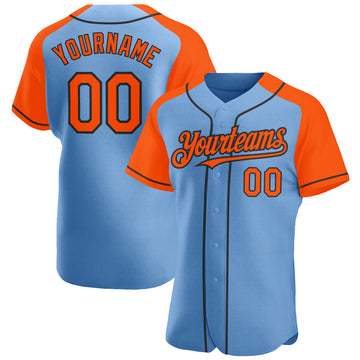 Custom Light Blue Orange-Black Authentic Raglan Sleeves Baseball Jersey