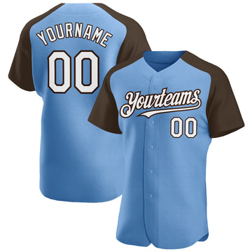 Custom Light Blue White-Brown Authentic Raglan Sleeves Baseball Jersey