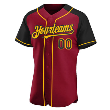 Custom Crimson Black-Gold Authentic Raglan Sleeves Baseball Jersey