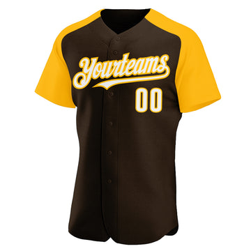 Custom Brown White-Gold Authentic Raglan Sleeves Baseball Jersey