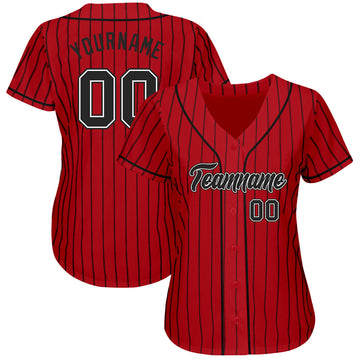 Custom Red Black Pinstripe Black-White Authentic Baseball Jersey