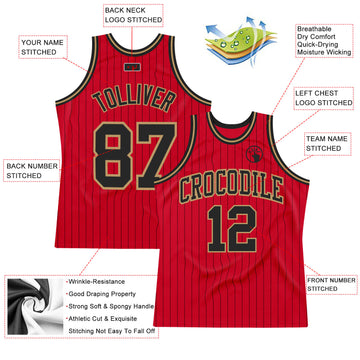 Custom Red Black Pinstripe Black-Old Gold Authentic Basketball Jersey