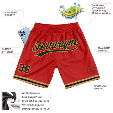 Custom Red Black-Old Gold Authentic Throwback Basketball Shorts