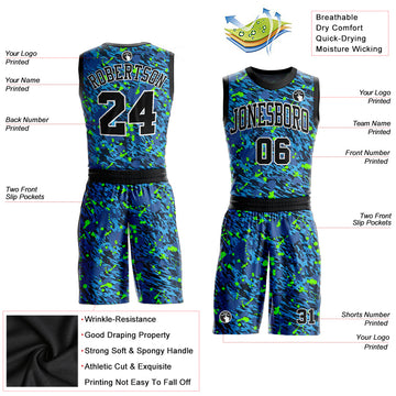 Custom Royal Black-Neon Green Music Festival Round Neck Sublimation Basketball Suit Jersey