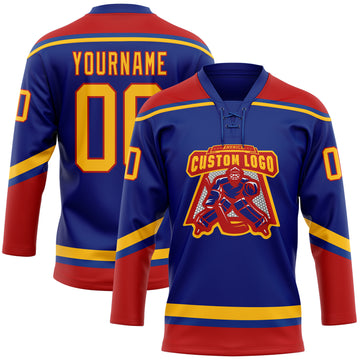 Custom Royal Gold-Red Hockey Lace Neck Jersey