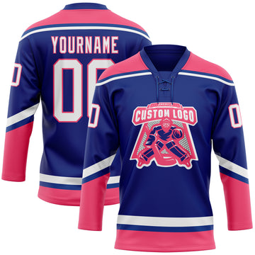 Custom Royal White-Neon Pink Hockey Lace Neck Jersey