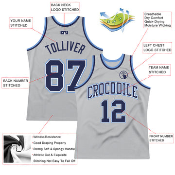 Custom Gray Navy-Light Blue Authentic Throwback Basketball Jersey