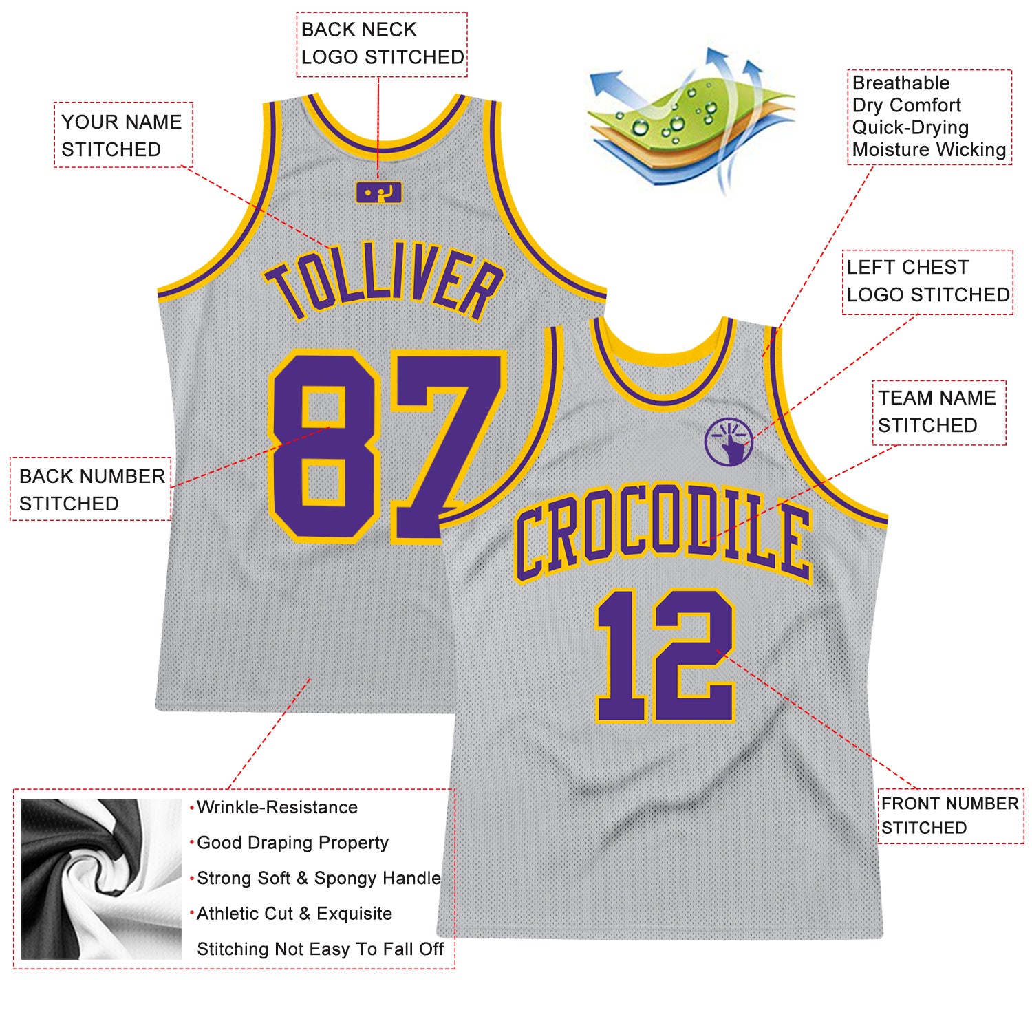 Custom Gray Purple-Gold Authentic Throwback Basketball Jersey Discount