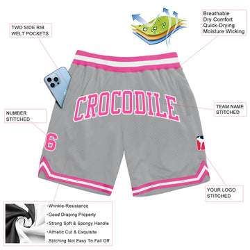 Custom Gray Pink-White Authentic Throwback Basketball Shorts