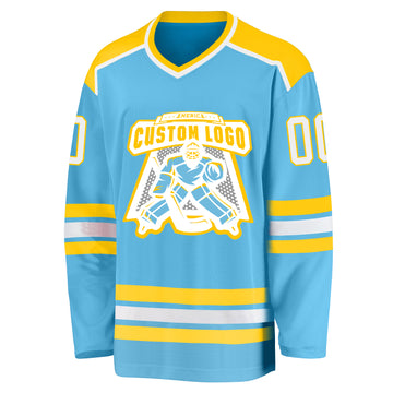 Custom Sky Blue White-Gold Hockey Jersey