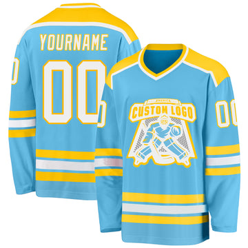 Custom Sky Blue White-Gold Hockey Jersey