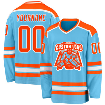 Custom Sky Blue Orange-White Hockey Jersey