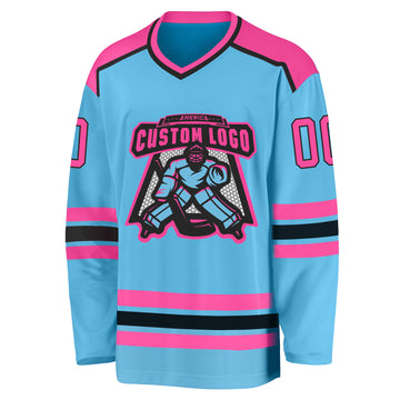 Custom Sky Blue Pink-Black Hockey Jersey