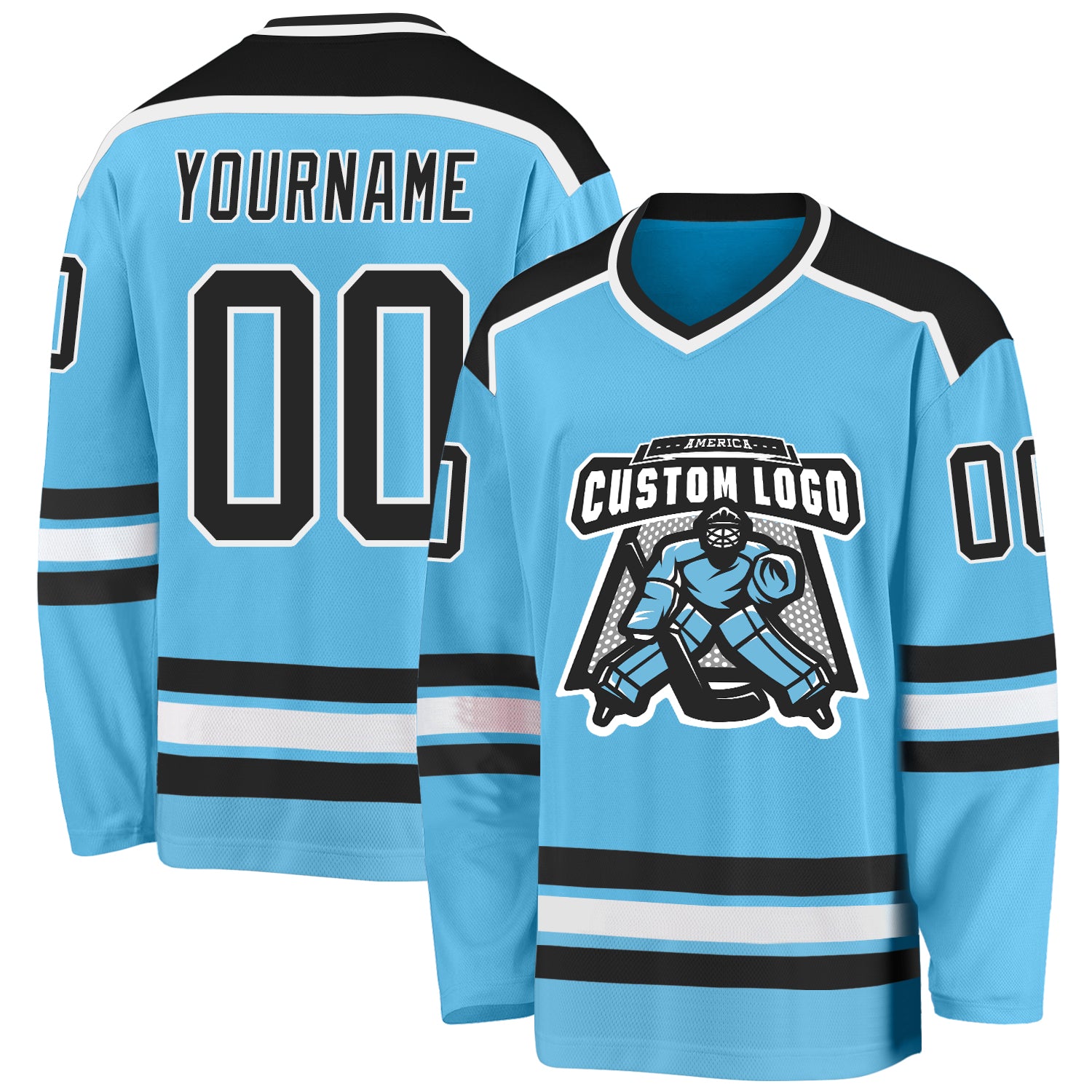 Custom Light Blue White-Black Hockey Jersey Discount