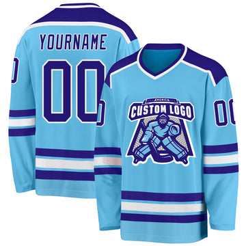 Custom Sky Blue Purple-White Hockey Jersey