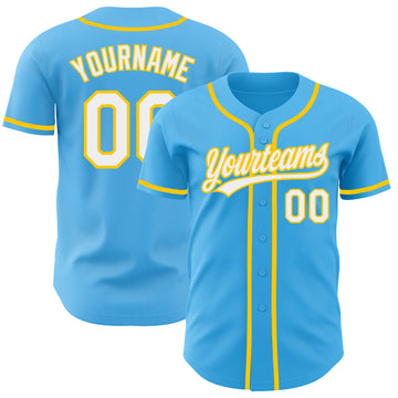 Custom Sky Blue White-Yellow Authentic Baseball Jersey