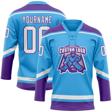 Custom Sky Blue White-Purple Hockey Lace Neck Jersey