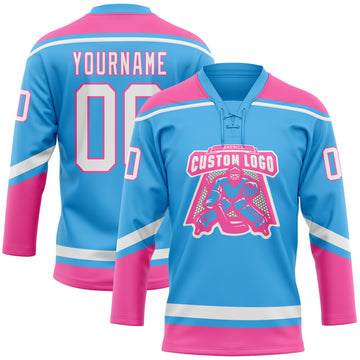 Custom Sky Blue White-Pink Hockey Lace Neck Jersey