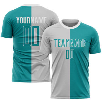 Custom Gray Teal-White Sublimation Split Fashion Soccer Uniform Jersey