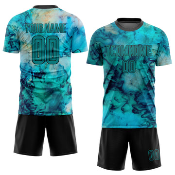 Custom Tie Dye Teal-Black Sublimation Soccer Uniform Jersey