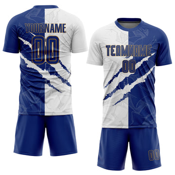 Custom Graffiti Pattern Royal White-Old Gold Sublimation Soccer Uniform Jersey