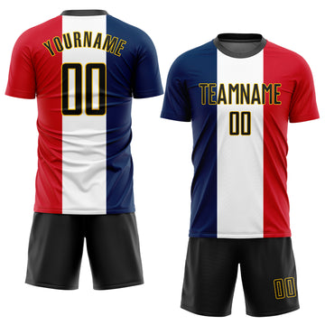 Custom Navy Black White Red-Gold Sublimation French Flag Soccer Uniform Jersey