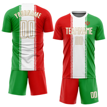 Custom Red White Kelly Green-Old Gold Sublimation Iranian Flag Soccer Uniform Jersey