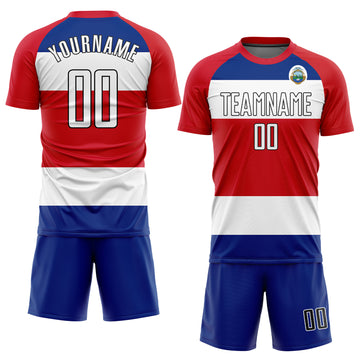 Custom Red White Royal-Black Sublimation Costa Rican Flag Soccer Uniform Jersey