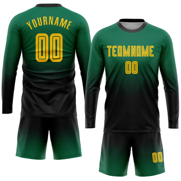 Custom Kelly Green Gold-Black Sublimation Long Sleeve Fade Fashion Soccer Uniform Jersey