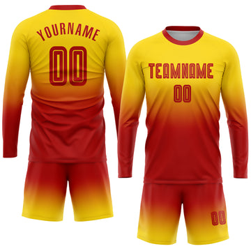 Custom Gold Red Sublimation Long Sleeve Fade Fashion Soccer Uniform Jersey