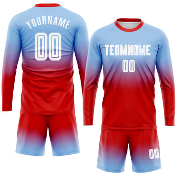 Custom Light Blue White-Red Sublimation Long Sleeve Fade Fashion Soccer Uniform Jersey