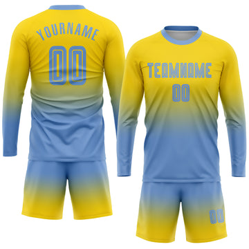 Custom Gold Light Blue Sublimation Long Sleeve Fade Fashion Soccer Uniform Jersey