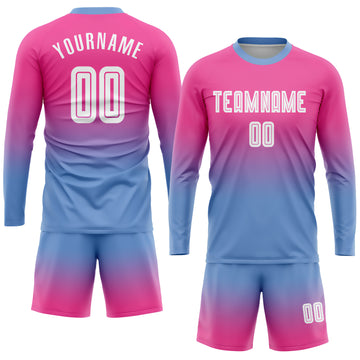 Custom Pink White-Light Blue Sublimation Long Sleeve Fade Fashion Soccer Uniform Jersey