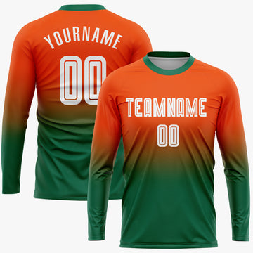 Custom Orange White-Kelly Green Sublimation Long Sleeve Fade Fashion Soccer Uniform Jersey