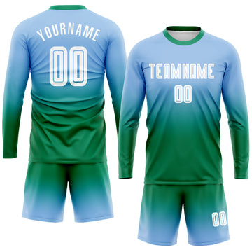 Custom Light Blue White-Kelly Green Sublimation Long Sleeve Fade Fashion Soccer Uniform Jersey