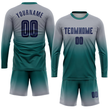 Custom Gray Navy-Teal Sublimation Long Sleeve Fade Fashion Soccer Uniform Jersey