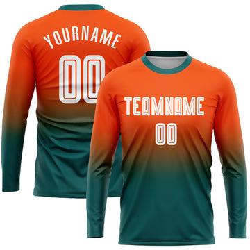 Custom Orange White-Teal Sublimation Long Sleeve Fade Fashion Soccer Uniform Jersey