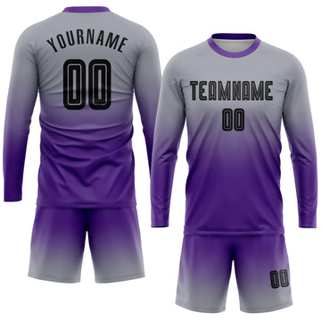 Custom Gray Black-Purple Sublimation Long Sleeve Fade Fashion Soccer Uniform Jersey