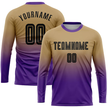 Custom Old Gold Black-Purple Sublimation Long Sleeve Fade Fashion Soccer Uniform Jersey
