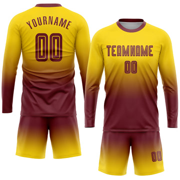 Custom Gold Burgundy Sublimation Long Sleeve Fade Fashion Soccer Uniform Jersey
