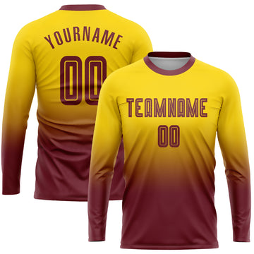 Custom Gold Burgundy Sublimation Long Sleeve Fade Fashion Soccer Uniform Jersey