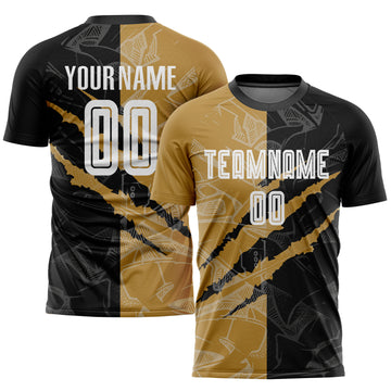Custom Graffiti Pattern White Black-Old Gold Scratch Sublimation Soccer Uniform Jersey