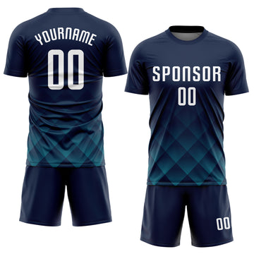 Custom Navy White-Teal Sublimation Soccer Uniform Jersey