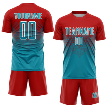 Custom Red Teal-White Sublimation Soccer Uniform Jersey
