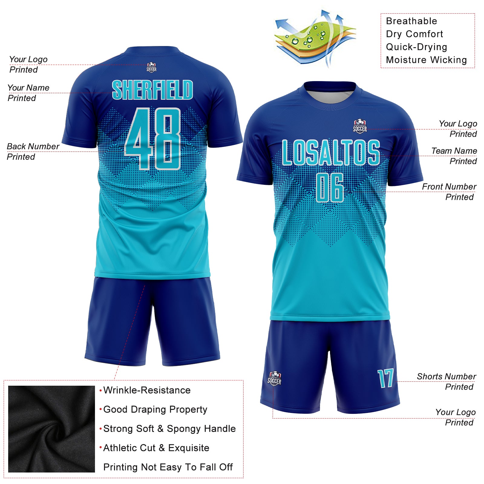 Custom Royal Aqua Blue-White Sublimation Soccer Uniform Jersey