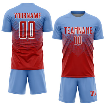 Custom Light Blue Red-White Sublimation Soccer Uniform Jersey