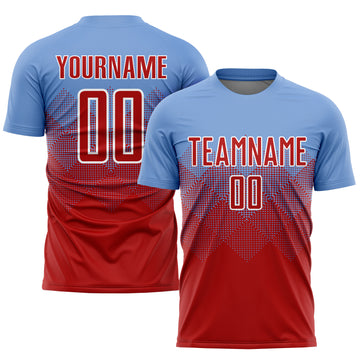 Custom Light Blue Red-White Sublimation Soccer Uniform Jersey