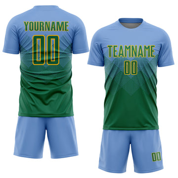 Custom Light Blue Kelly Green-Gold Sublimation Soccer Uniform Jersey