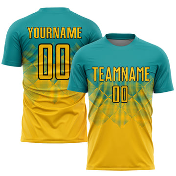 Custom Teal Gold-Black Sublimation Soccer Uniform Jersey