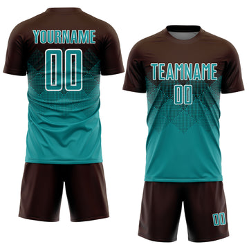 Custom Brown Teal-White Sublimation Soccer Uniform Jersey